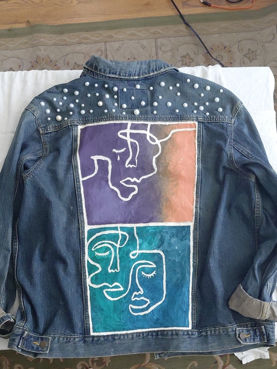 Old Navy Jackets & Blazers - OOAK Hand Painted Denim Jacket Abstract Line Art Portrait Pearl Embellished